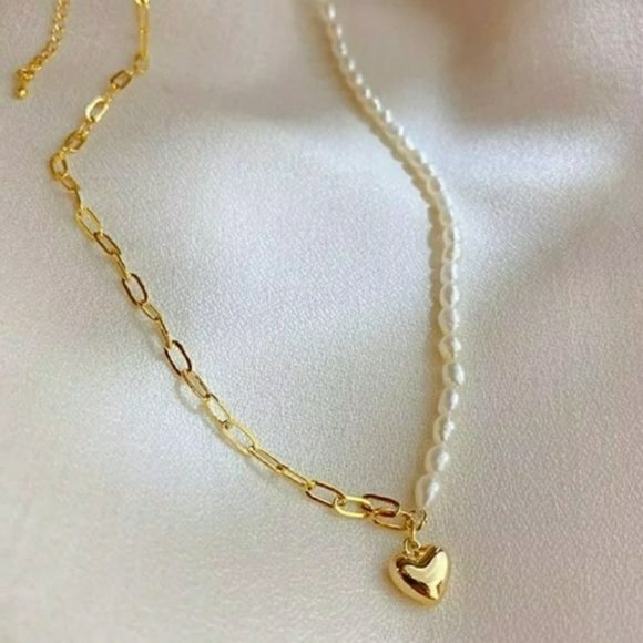 Gold Plated Cultured Baroque Pearl Chain Link Heart Pendant Choker Necklace - Picture 6 of 10